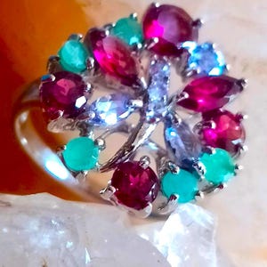 natural rhodolite garnet,emerald and tanzanite 925 silver sterling ring size 7 1/2