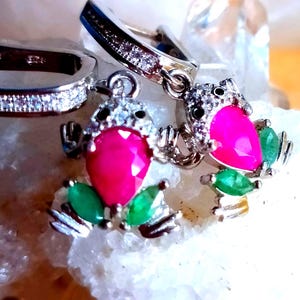 nice frogs with natural ruby and emerald 925 silver sterling earrings