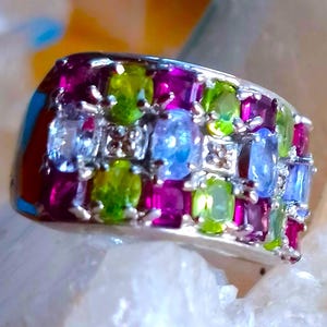 natural tanzanite,rhodolite,peridot 925 silver sterling ring size 7