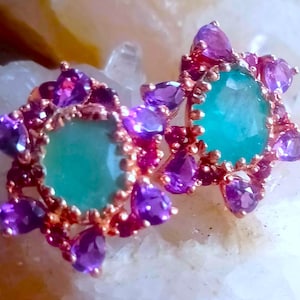 9x7 mm natural grandidierite,amethyst and pink tourmaline 925 silver sterling rose golden plate earrings