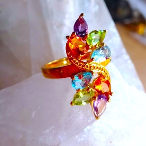 3 cm long ring size 7 with natural blue topaz, amethyst, citrine, peridot 925 silver sterling golden plate
