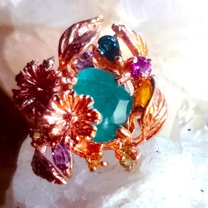 natural grandidierite and multicolor tourmaline 925 silver sterling golden plate ring size 8