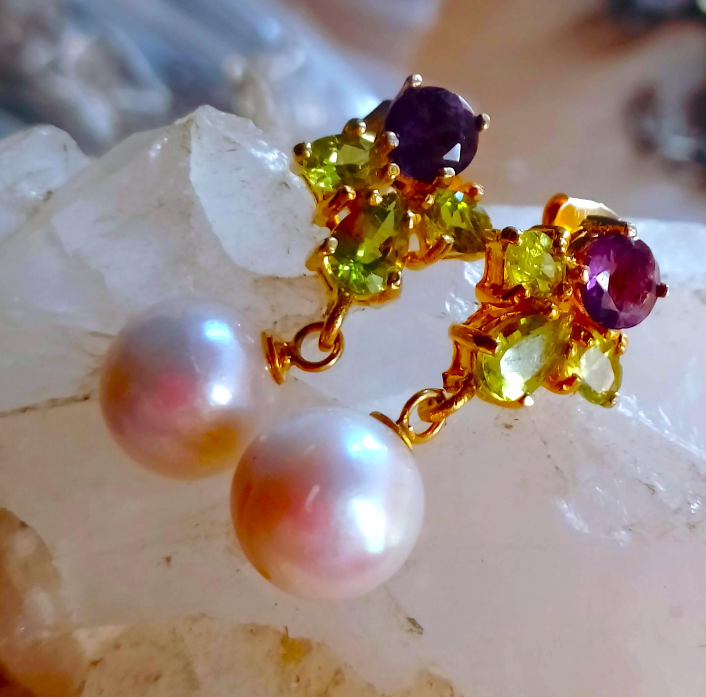 Orecchini A Borchie Luckyshine In Oro Placcato Con Quarzo Rosa Naturale, Peridoto E Ametista - Regalo Per Amiche