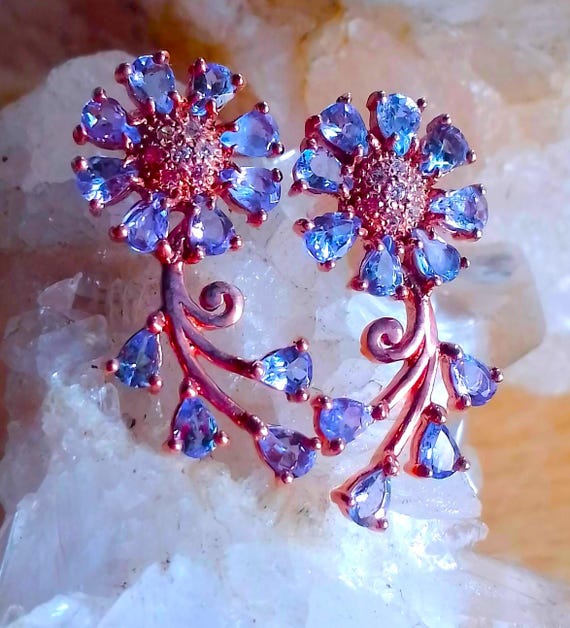 Orecchini lunghi 3 cm con tanzanite naturale non riscaldata in argento sterling 925 placcato oro rosa - Italia