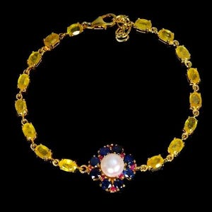 natural yellow sapphire, ruby, blue sapphire and white cultured pearl 925 silver sterling golden plate 20 cm. long bracelet
