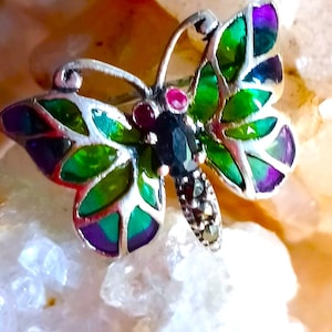 nice butterfly with natural ruby,blue sapphire and marcassiti 925 silver sterling enameled pendant/brooch