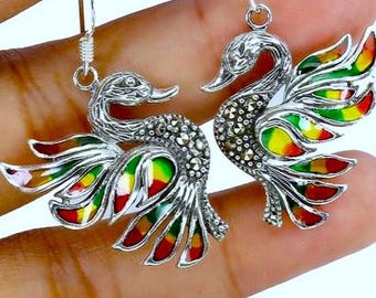 4 cm. long swans earrings with natural marcassisti 925 enameled  silver sterling