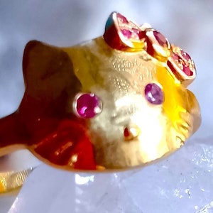 nice cat with natural ruby and rhodolite garnet 925 silver sterling golden plate ring size 6 3/4