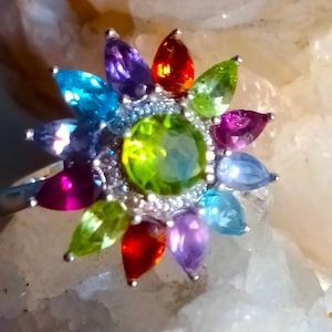 natural peridot,amethyst,red garnet,tanzanite,iolite,blue topaz 925 silver sterling ring size 7 3/4