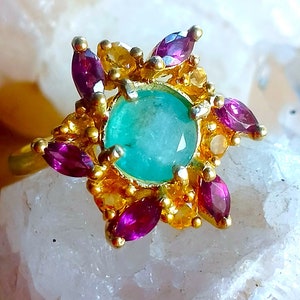 natural grandidierite, rhodolite garnet, citrine 925 silver sterling golden plate ring size 8 1/4