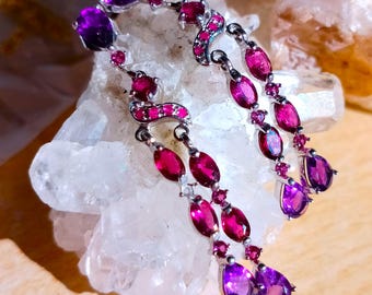 6 cm long earrings with natural amethyst and rhodolite garnet 925 silver sterling