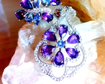 natural unheated tanzanite and amethyst 925 silver sterling ring size 7 3/4 and 4 cm long pendant