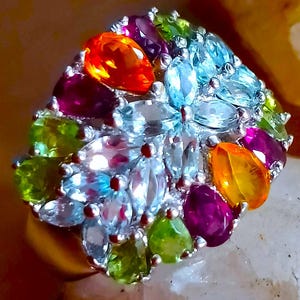 natural aquamarine, citrine, peridot, rhodolite garnet 925 silver sterling ring size 9