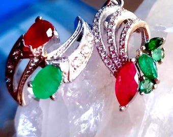 natural ruby and emerald 925 silver sterling pendant and ring