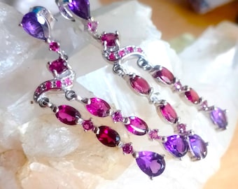6 cm long earrings with natural amethyst and rhodolite garnet 925 silver sterling
