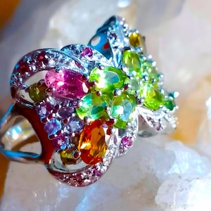 natural multicolor tourmaline peridot and tanzanite 925 silver sterling rign size 6 3/4