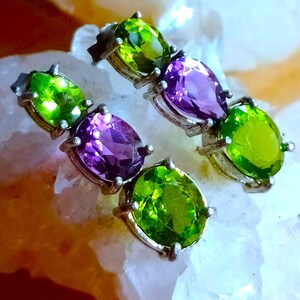 10x8 mm natural peridot and amethyst 925 silver sterling earrings