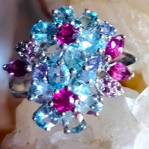 natural aquamarine and rhodolite garnet 925 silver sterling ring size 7