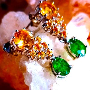 3 cm. long earrings with natural tsavorite garnet and citrine 925 silver sterling