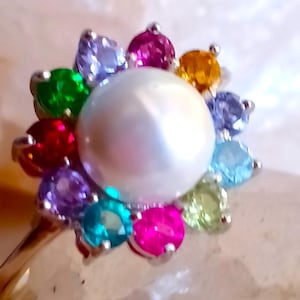 8 mm. natural white pearl, tanzanite, multicolor topaz, amethyst, red garnet, citrine,peridot 925 silver sterling ring size 8 1/4