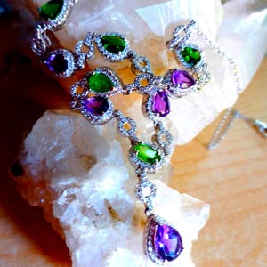 9x7 mm. natural amethyst and tsavorite garnet 925 silver sterling 49 cm. long necklace