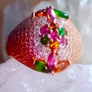 natural multicolor tourmaline and white cz 925 silver sterling rose golden plaate ring size 8