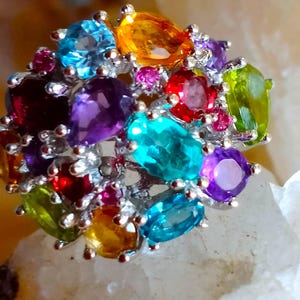 natural apatite, blue topaz, amethyst red garnet, peridot,citrine 025 silver sterling golden plate ring size 7 3/4