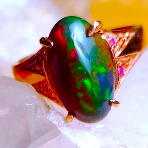 13x4 mm!! natural black opal 925 silver sterling rose golden plate ring size 7