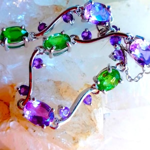 natural amethyst and tsavorite garnet 925  silver sterling 19 cm. long bracelet