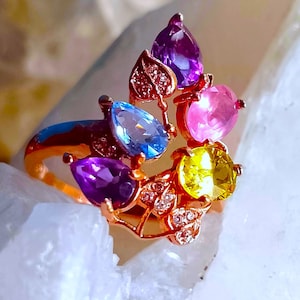 7x4 mm. natural amethyst, yellow and pink sapphire and tanzanite 925 silver sterling orse golden plate ring size 7 1/2
