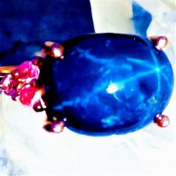 13 x 9 mm !! Bague en argent sterling 925 avec saphir bleu étoilé naturel et tourmaline rose taille 7 1/2