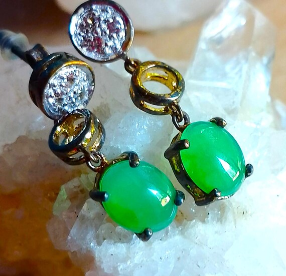 Boucles D'oreilles Pendantes Chrysoprase Sur Argent 925 - Occasion, Fermoir Dormeuses