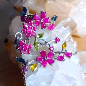 Pulsera, colgante y anillo de plata de ley 925 con zafiro natural rosa, amarillo y azul talla 7