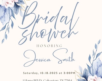 Blue Floral Bridal Shower Invitation Template | Editable, DIY (Digital Download)