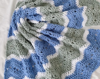 Crochet Baby Blanket: Blue, Green, and White Ripple Afghan
