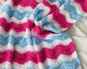 Crochet baby blanket - hot pink, soft blue and white baby blanket, crochet baby blanket, ripple blanket, baby afghan, baby shower gift,