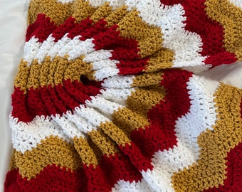 Crochet baby blanket. Knit afghan.  Football blanket.  Red gold and white.