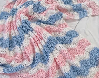 Crochet Baby Blanket: Blue, Pink & White Ripple Design