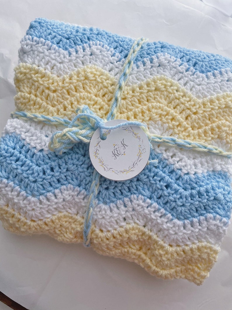 Crochet Baby Blanket Blue Yellow and White Crocheted Baby Etsy