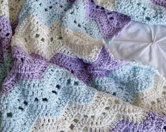 Crochet Baby Blanket: Ice Blue, Lavender, and Ivory Ripple Afghan