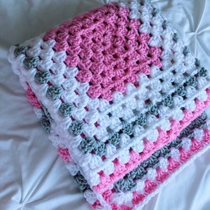 Crochet baby blanket pink, gray and white granny square baby crochet blanket, crochet blanket pink baby blanket image 7