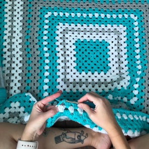 Crochet baby blanket, Turquoise baby blanket turquoise crocheted blanket turquoise gray and white baby afghan granny square blanket image 10