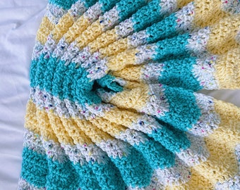 Turquoise & Yellow Crochet Baby Blanket: Ripple Design