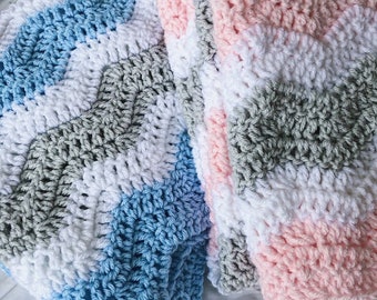 Twins Crochet baby blankets - pink/blue gray and white ripple baby crochet blanket, crochet blanket - blankets for twins