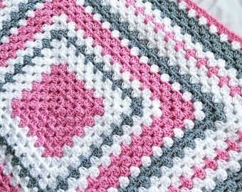 Ready to ship Crochet baby blanket - pink, gray and white granny square baby crochet blanket, crochet blanket - pink baby blanket