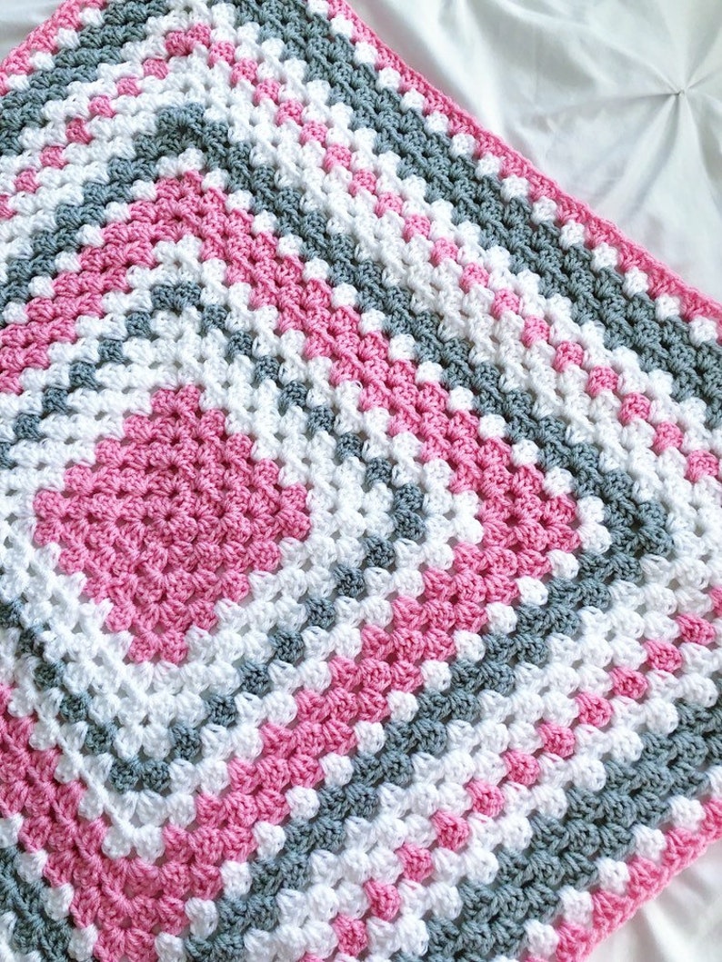 Crochet baby blanket pink, gray and white granny square baby crochet blanket, crochet blanket pink baby blanket image 1