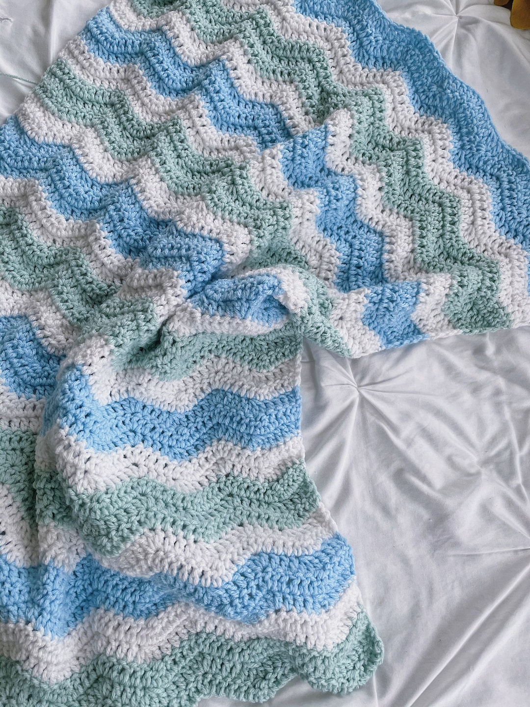 Crochet Baby Blanket in Blue Green and White Baby Blanket Etsy