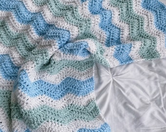Crochet Baby Blanket: Blue, Green, and White Ripple Afghan