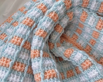 crochet baby blanket, peach, light blue green and white blanket, peach baby blanket, tunisian crochet afghan, nursery decor, baby shower