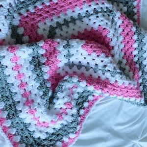 Crochet baby blanket pink, gray and white granny square baby crochet blanket, crochet blanket pink baby blanket image 8
